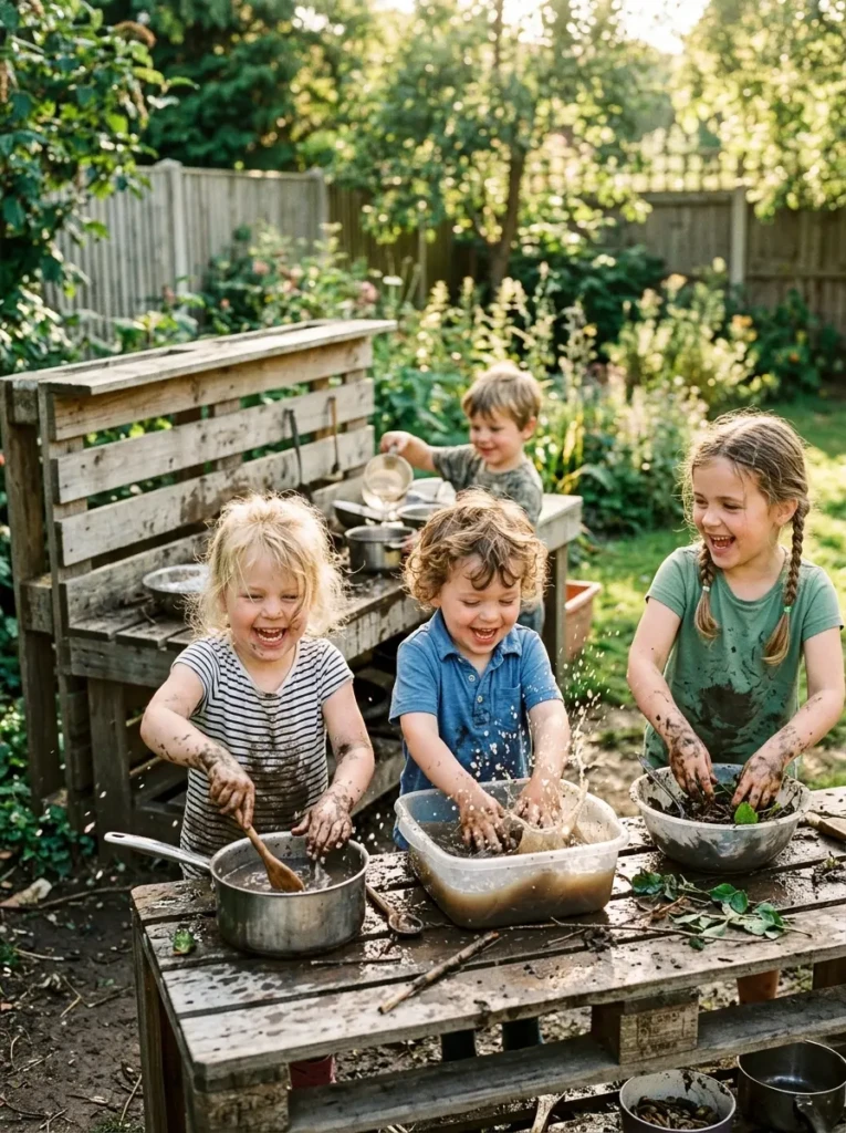 Happy children laughing and playing together in a backyard mud kitchen environment