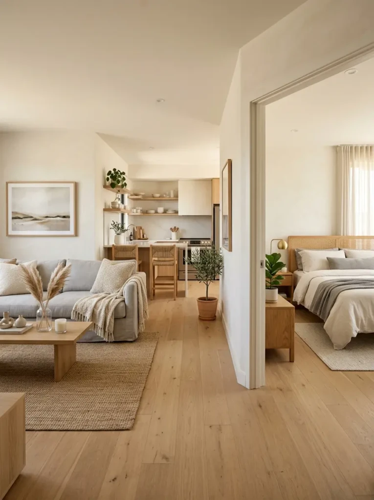 Consistent Airbnb interior design connecting living room, bedroom, and kitchen