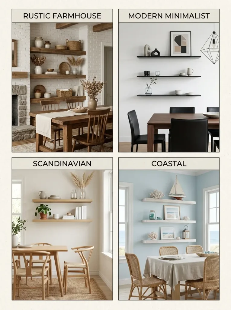 Rustic, modern, Scandinavian, and coastal dining room floating shelf designs