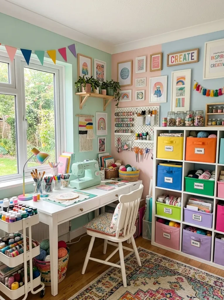 Vibrant craft room with pastel walls and cheerful artistic decorations