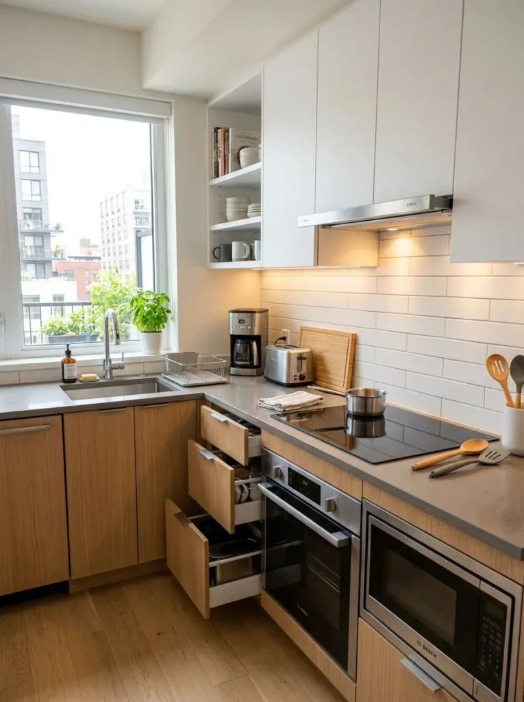 Small kitchen featuring space-saving under-cabinet range hood and smart storage