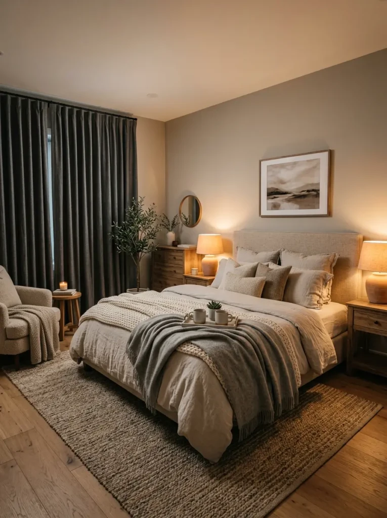 Cozy Airbnb bedroom with layered bedding, soft lighting, and neutral colors