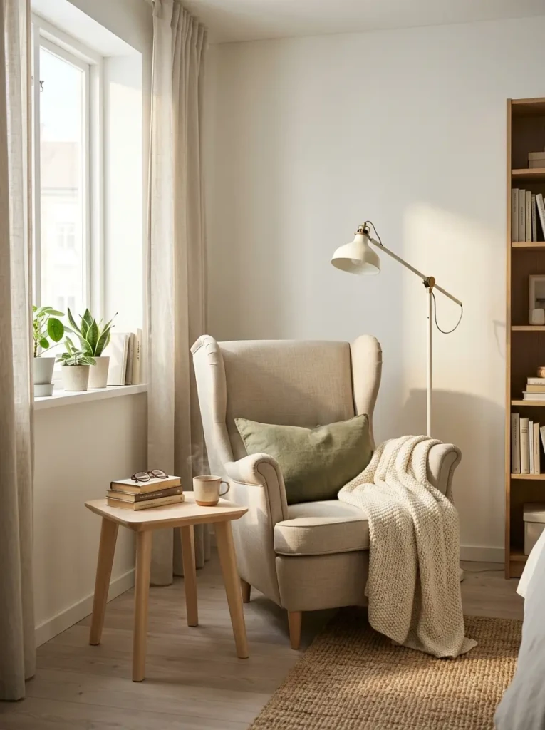 Comfortable reading nook in an IKEA bedroom with armchair, soft blanket, and warm natural lighting.