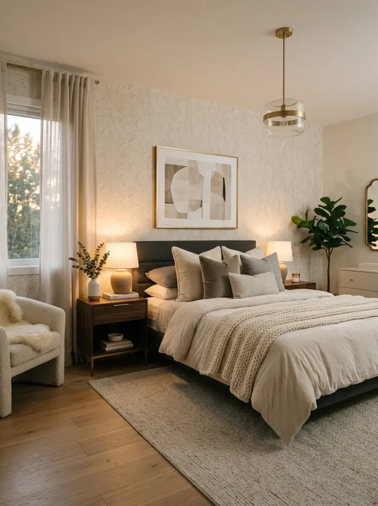 Cozy modern wallpaper bedroom with elegant decor, soft lighting, and stylish contemporary furniture