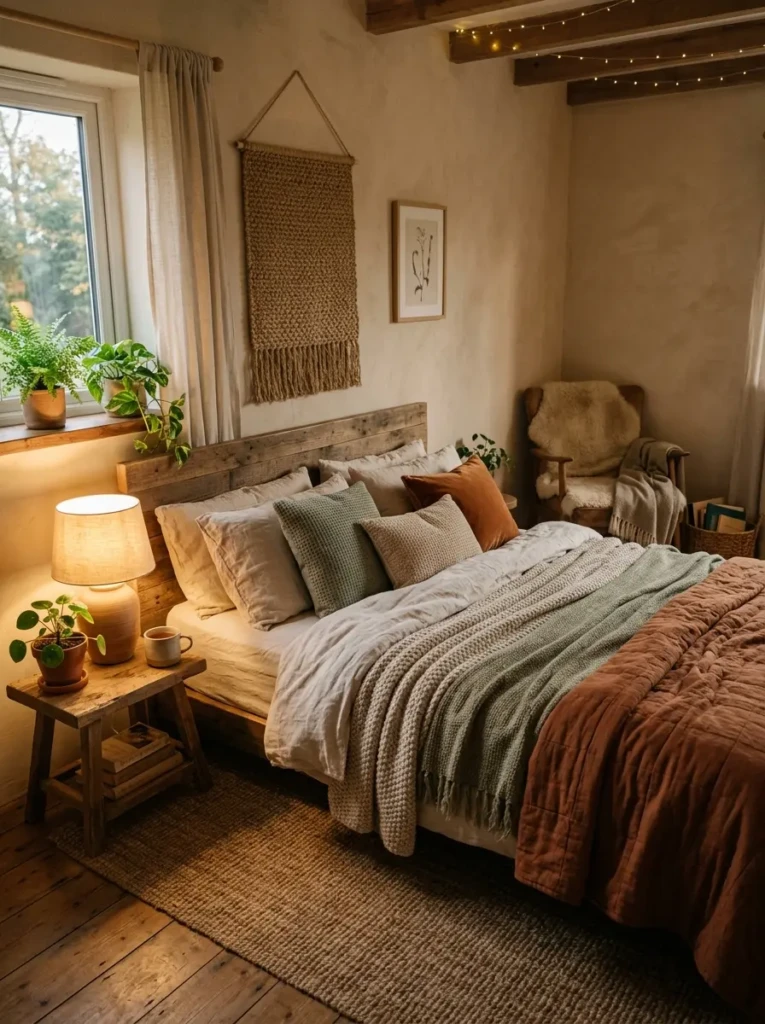 Relaxing cozy earthy bedroom with soft bedding and warm calming decor