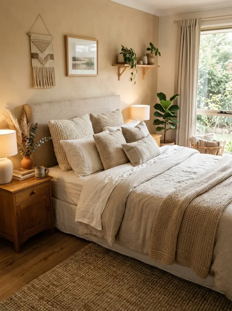 Cozy earthy bedroom with soft neutral bedding and layered textured blankets