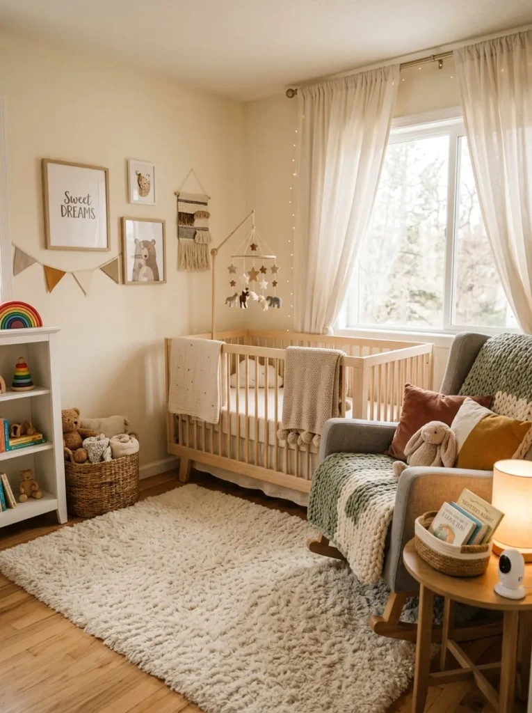 Cozy baby nursery with fluffy rug, knitted blankets, and soft nursery textures