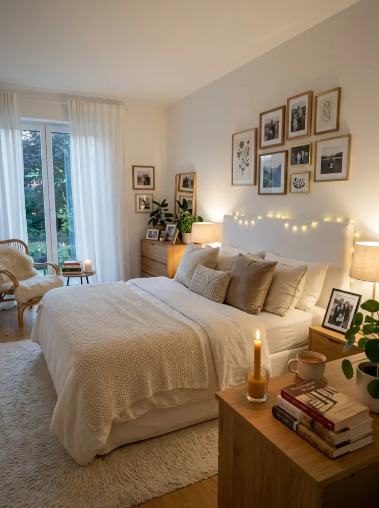 Cozy white bedroom with candles, books, and personal decorative accents