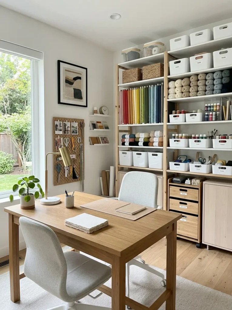 Clean and tidy craft room with organized shelves and minimalist design