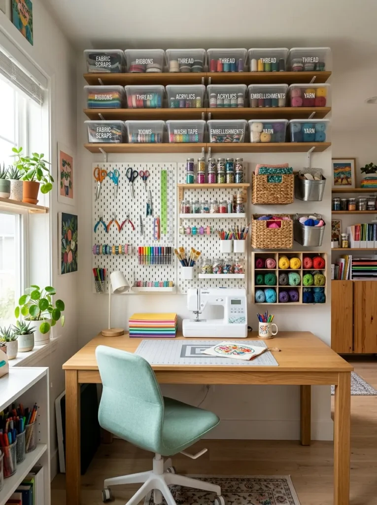Craft room featuring pegboards, floating shelves, and organized wall storage 