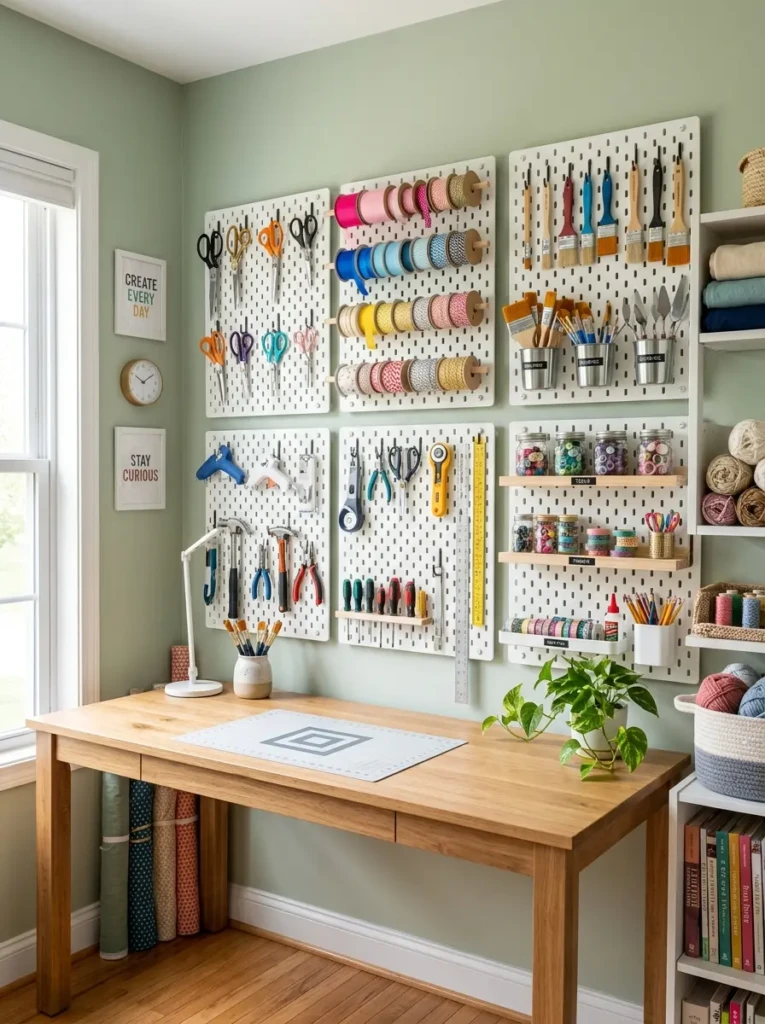 Craft room pegboard displaying neatly organized tools and accessories 