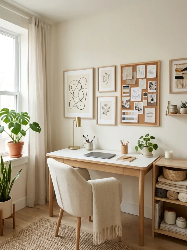 Cozy craft room with plants, framed art, and clean decorative styling
