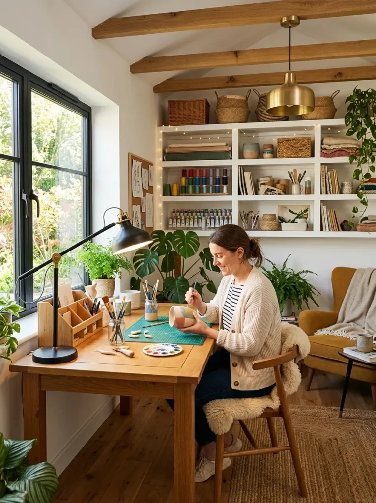 Creative workspace with natural sunlight and layered lighting solutions