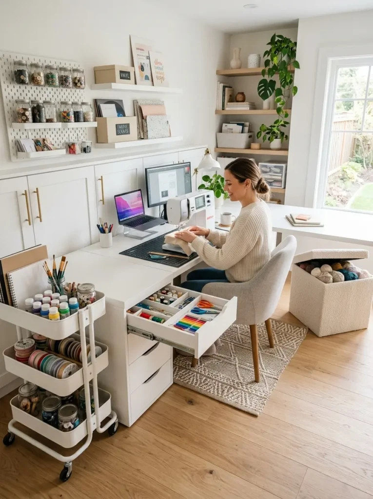 Modern craft room furniture with built-in storage and rolling organization carts