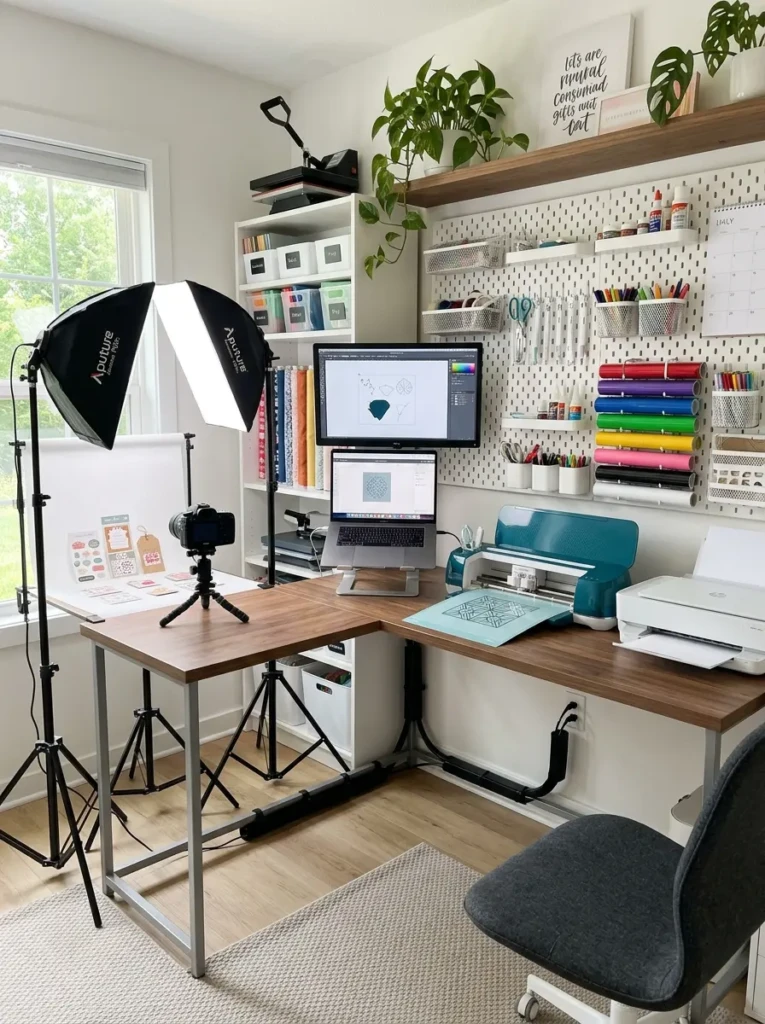 Modern craft room with laptop, printer, and digital crafting equipment