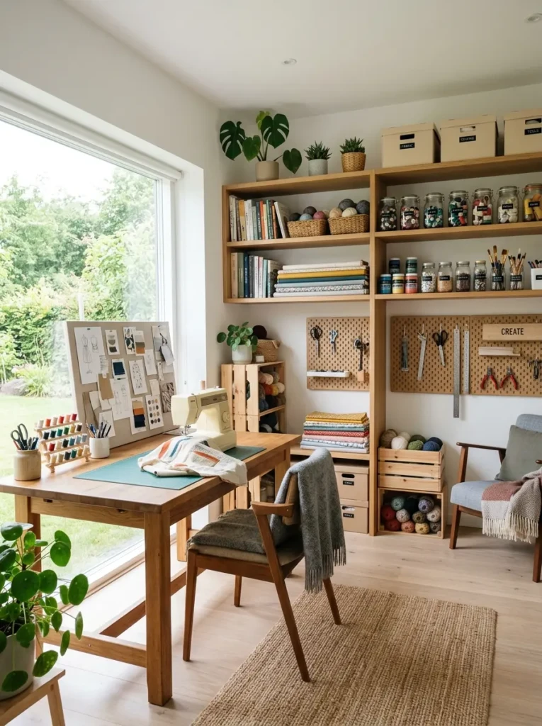 Bright and organized modern craft room with creative supplies and natural lighting