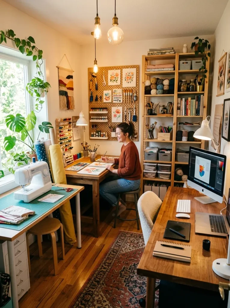 Multi-purpose home studio office with crafting desk and organized workspace
