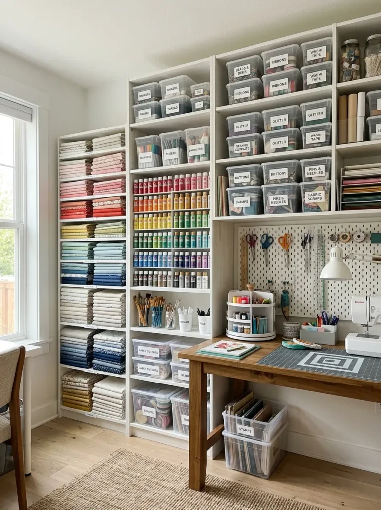 Transparent labeled bins organizing fabrics, paints, and craft materials