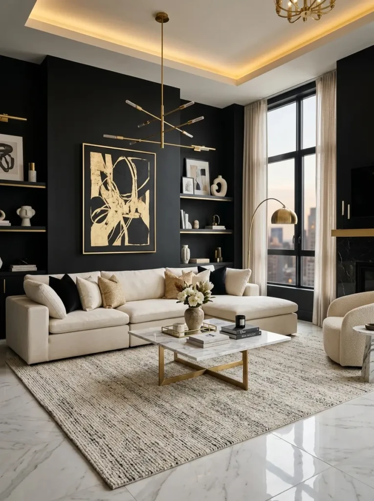 Compact black living room with space-saving furniture, mirrors, and modern apartment decor.