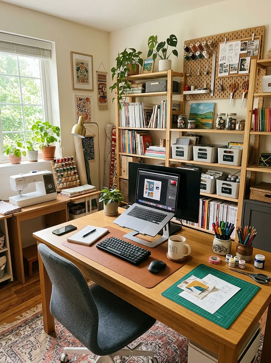 Stylish creative workspace combining crafting area and home office desk