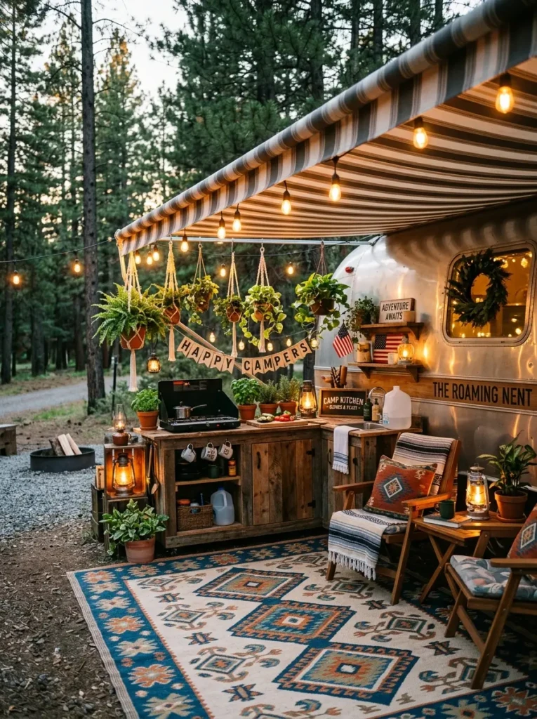: Decorated RV outdoor kitchen with string lights, hanging plants, rugs, and cozy accessories