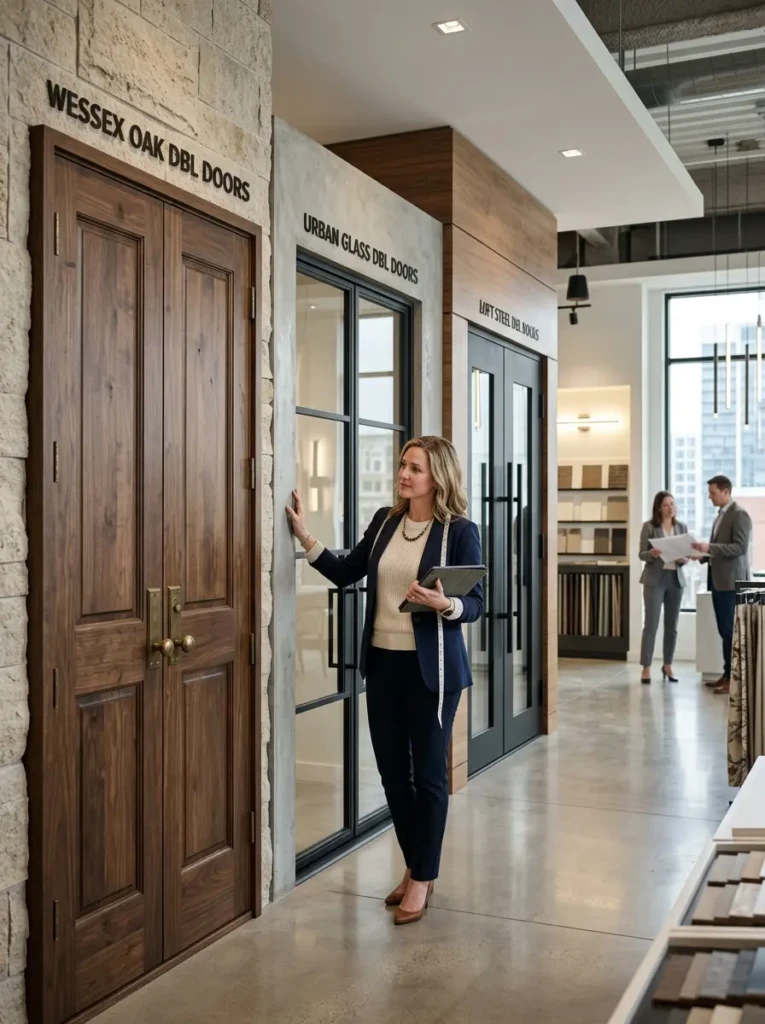Interior designer comparing modern wooden, glass, and steel double doors
