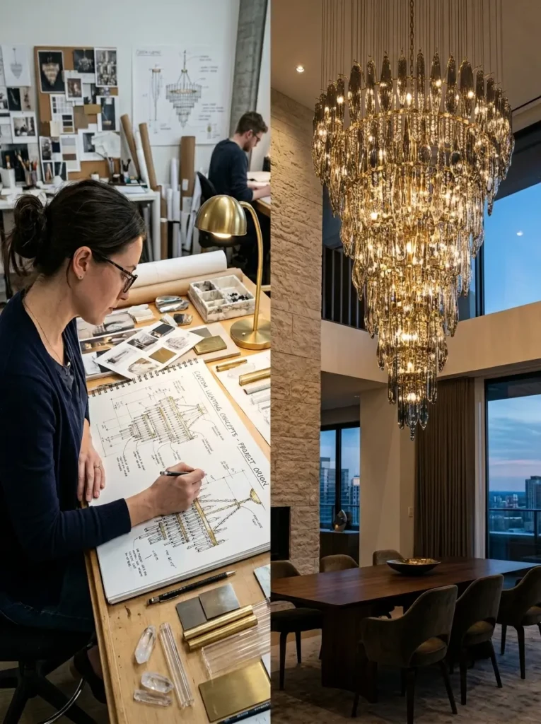 Designer creating a custom chandelier with a finished luxury installation in a modern interior
