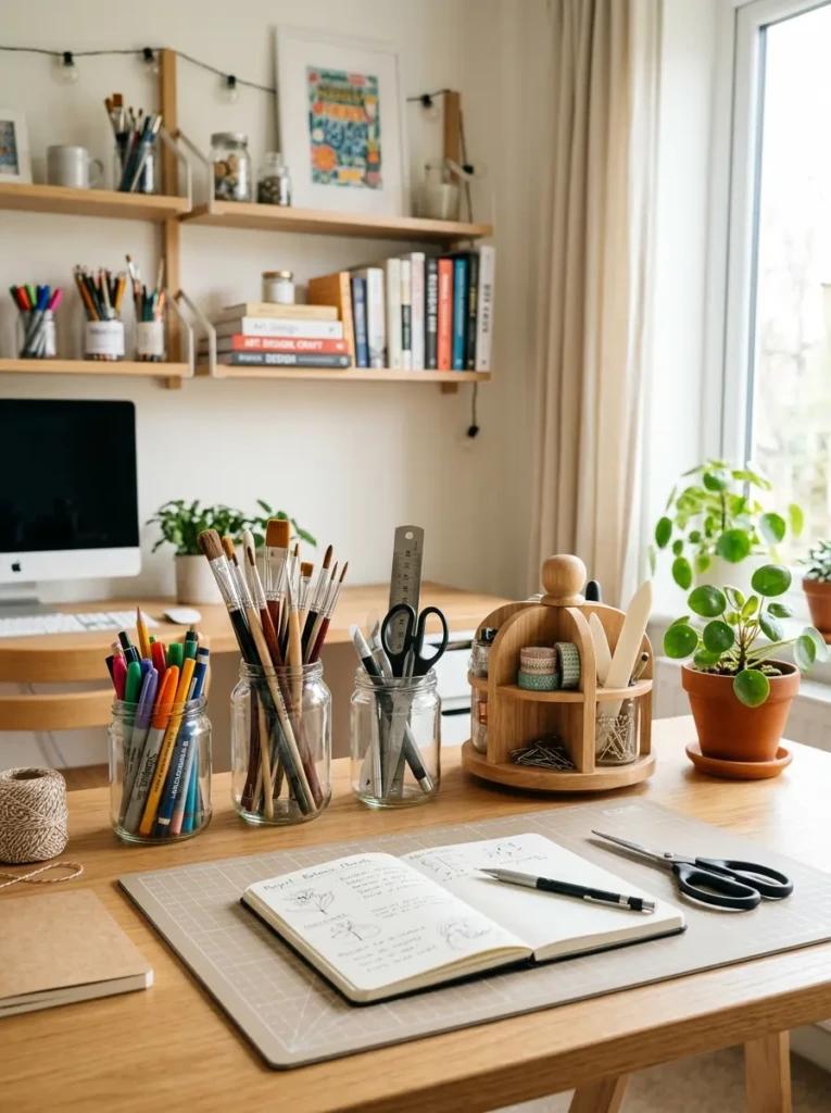 Organized craft desk with accessible pens, brushes, and crafting tools