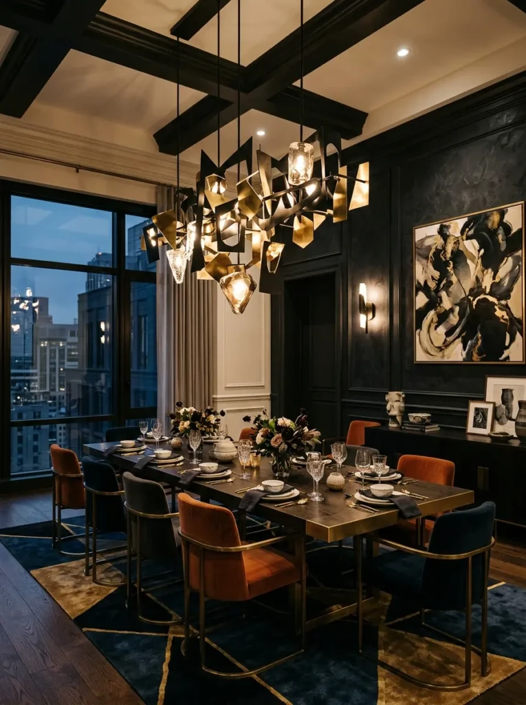 Artistic dining room featuring a unique chandelier with abstract design as a bold focal point