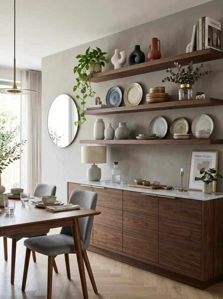 Dining room with floating shelves paired with a stylish buffet cabinet