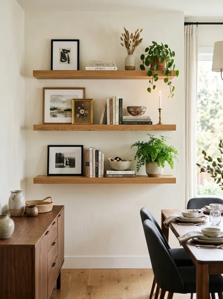 Floating shelves displaying framed art, books, plants, and decorative bowls