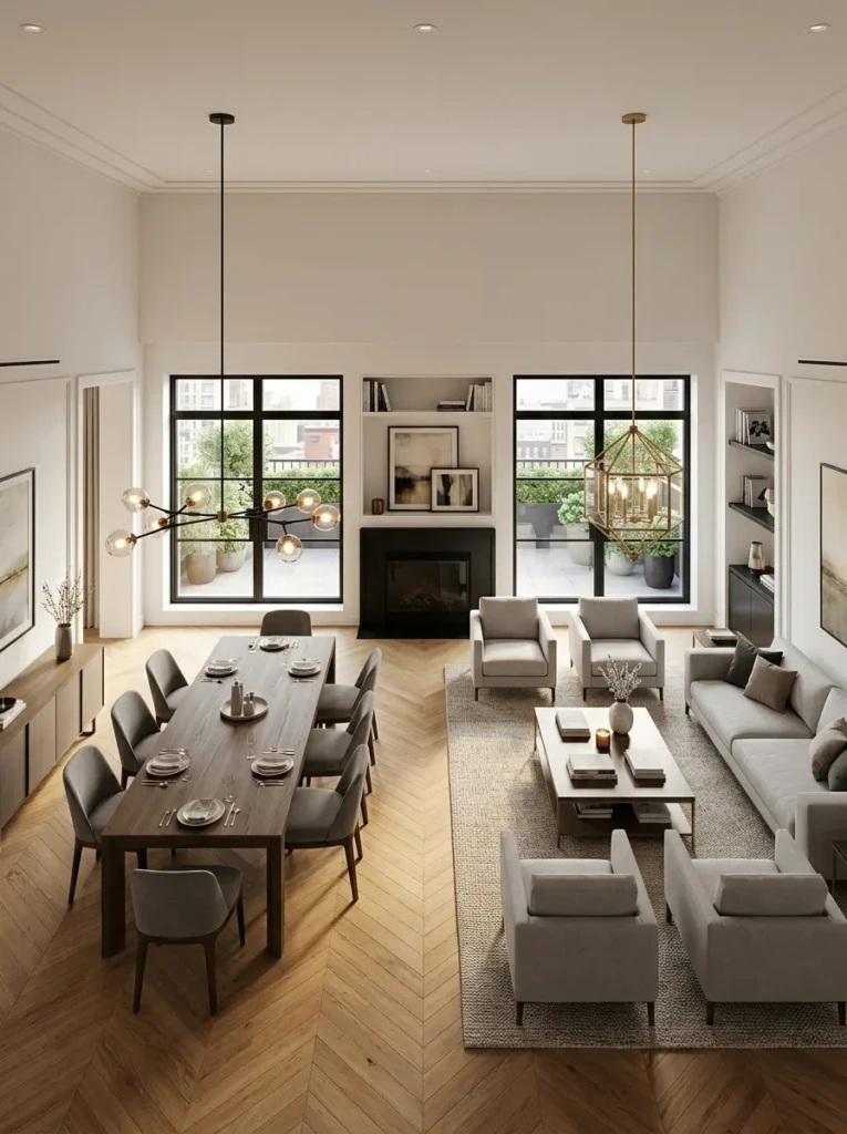 Dining and living room setup showing correct chandelier placement above table and seating area