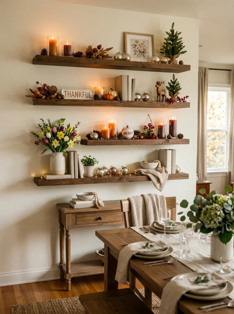 Dining room floating shelves decorated with seasonal accents and festive decor