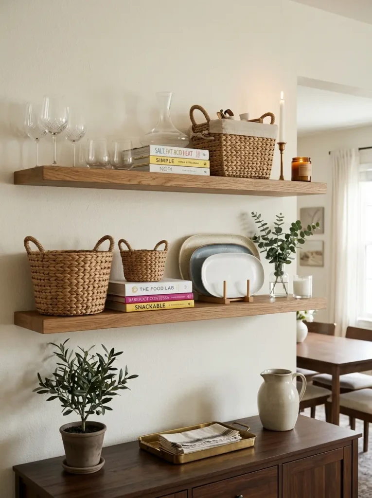 Floating shelves storing wine glasses, platters, baskets, and dining accessories