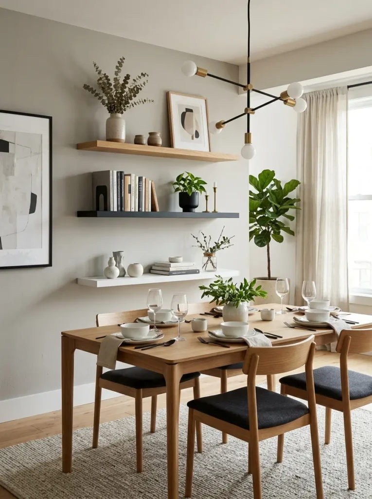 Dining room floating shelves in natural wood, black, and white finishes