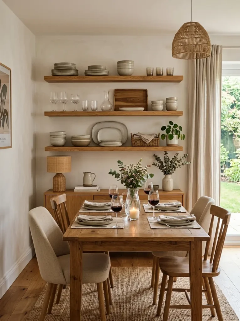 Dining room floating shelves organized with plates, bowls, glasses, and serving trays