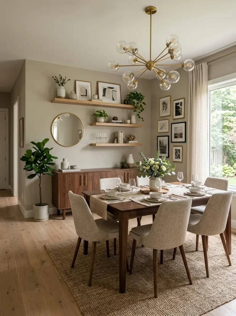 Dining room with floating shelves installed above a modern buffet cabinet 