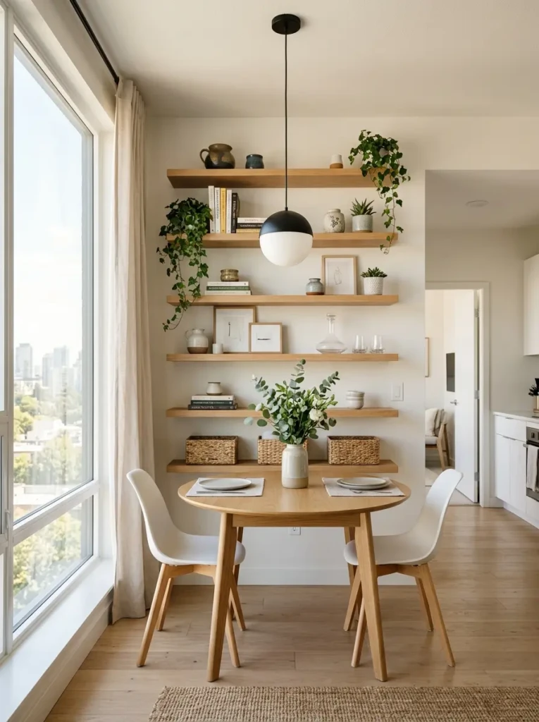 Small dining room using floating shelves to maximize storage and wall space