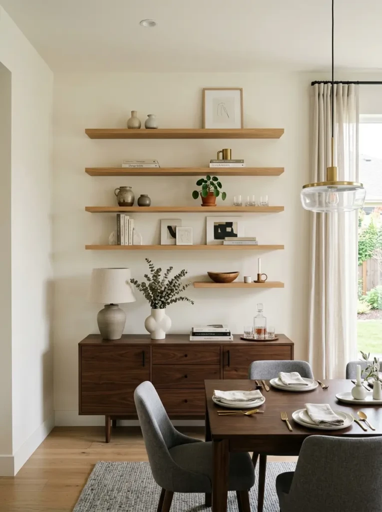 Perfectly aligned floating shelves above a dining room sideboard cabinet