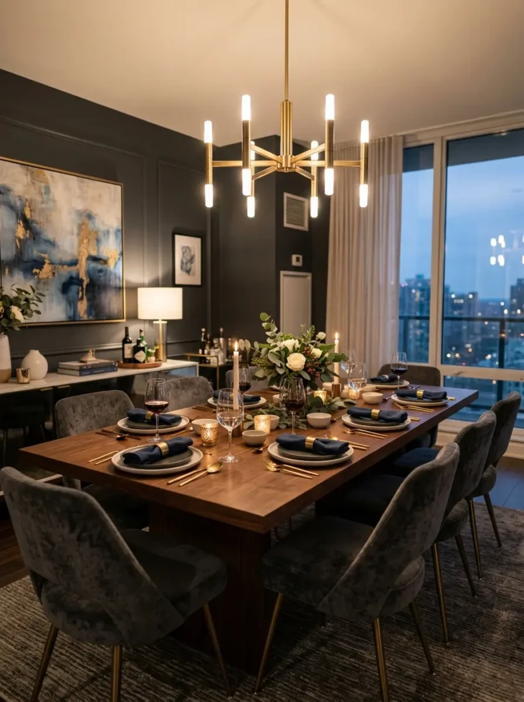 Elegant dining room with modern chandelier placed above table creating warm and inviting lighting