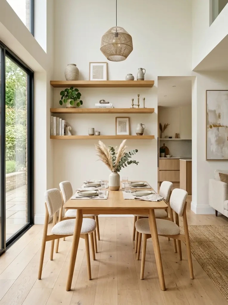 Modern dining room featuring stylish floating wooden shelves with elegant decor and warm lighting