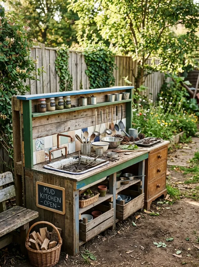 Mud kitchen made from recycled furniture and simple household items in a backyard