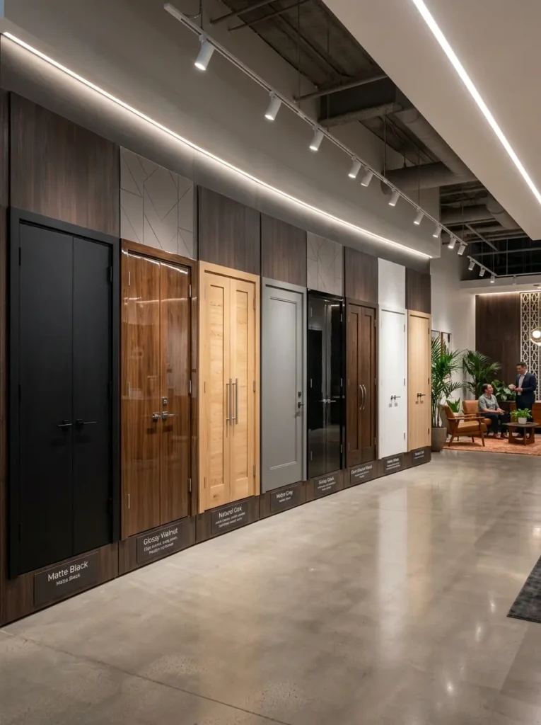 Various matte, glossy, and wooden finishes for modern double doors