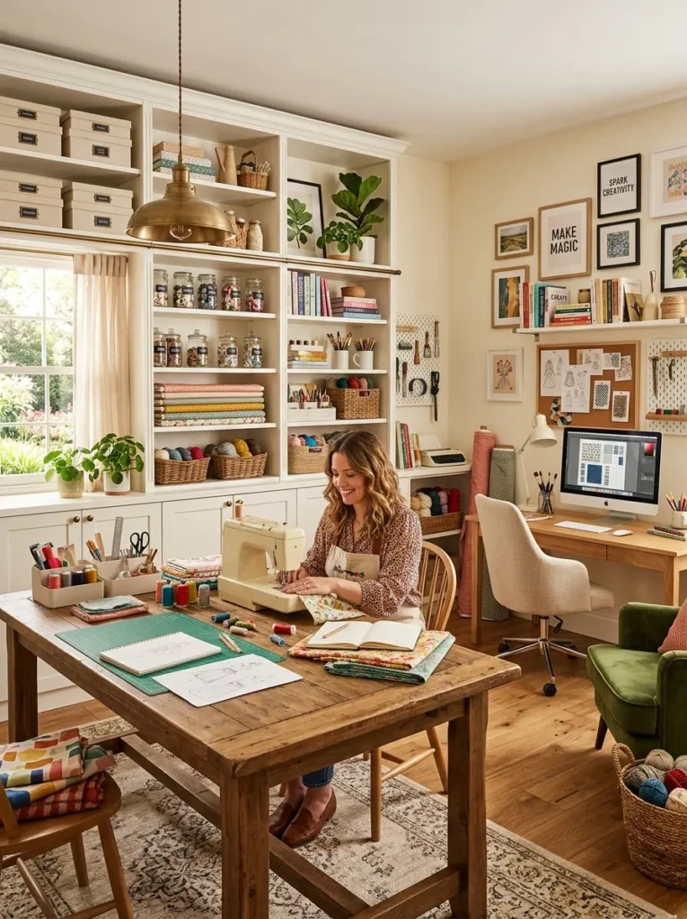 Elegant craft room with creative workspace, stylish storage, and warm lighting