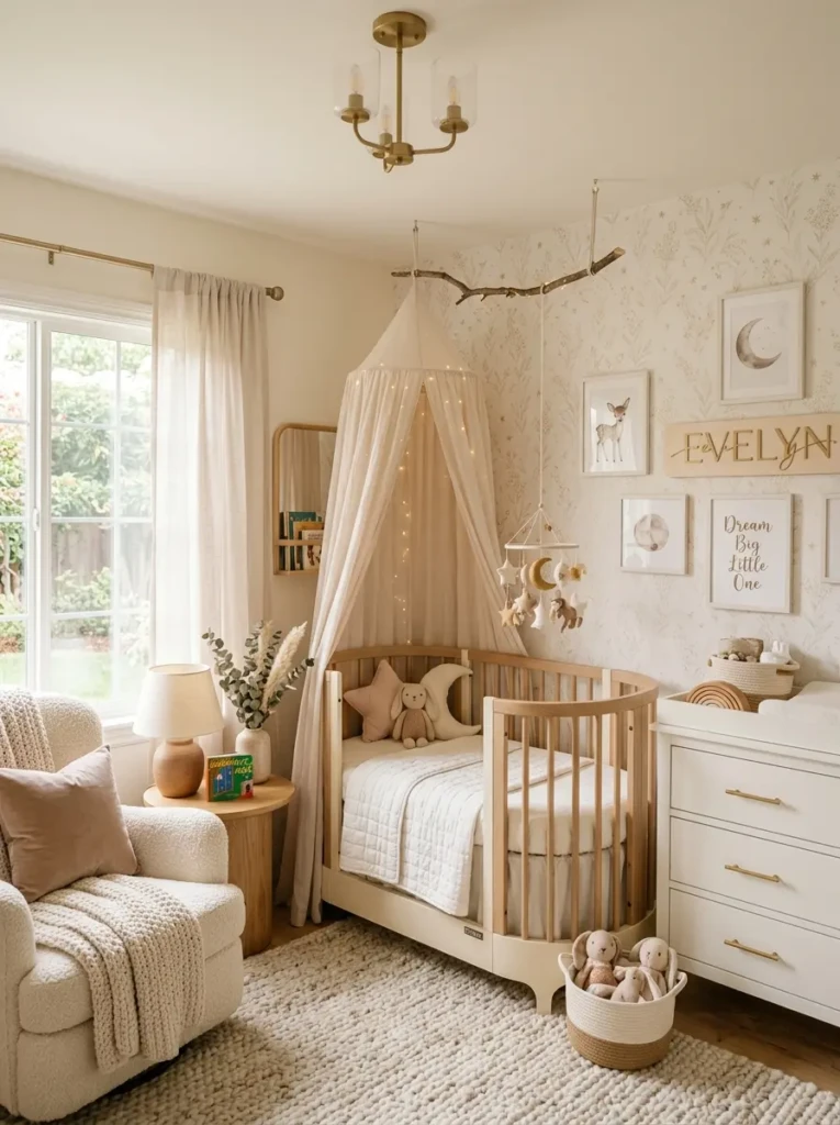 Dreamy baby nursery with cozy crib, warm lighting, and peaceful modern décor