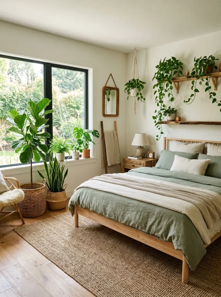 Earth-inspired bedroom decorated with indoor plants and natural woven baskets