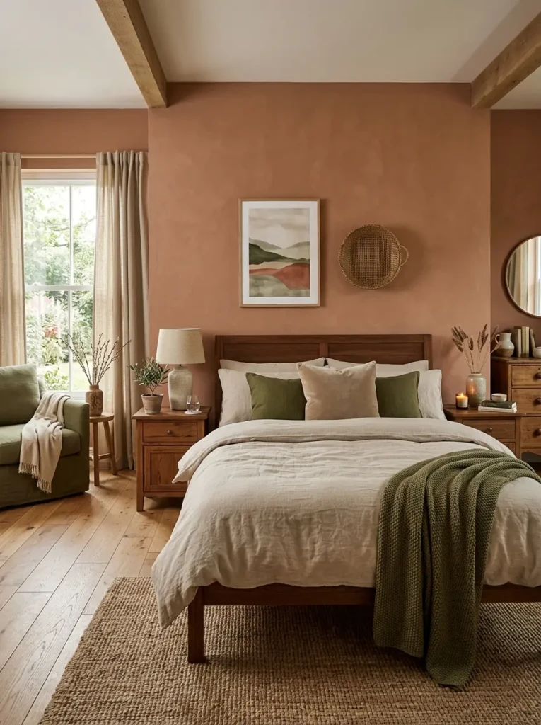 Earthy bedroom featuring terracotta, beige, olive green, and warm brown tones