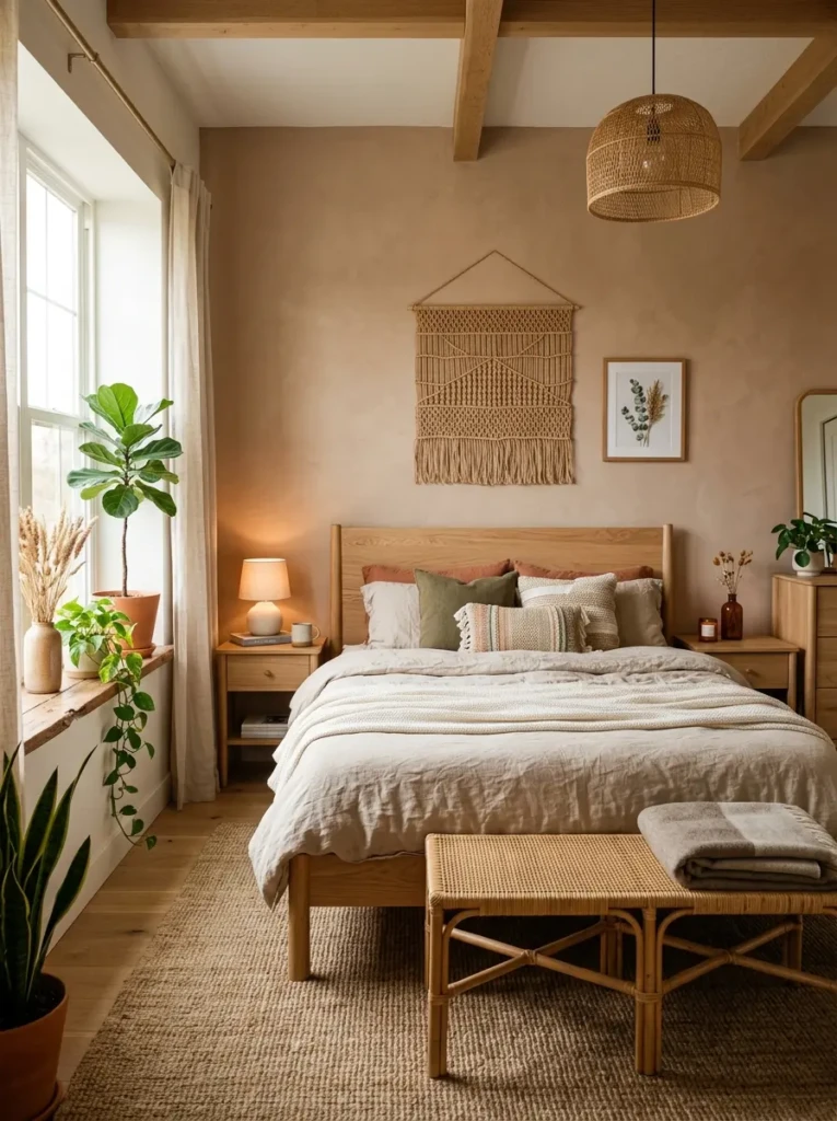 Cozy earthy bedroom with wooden furniture, neutral bedding, and natural decor accents