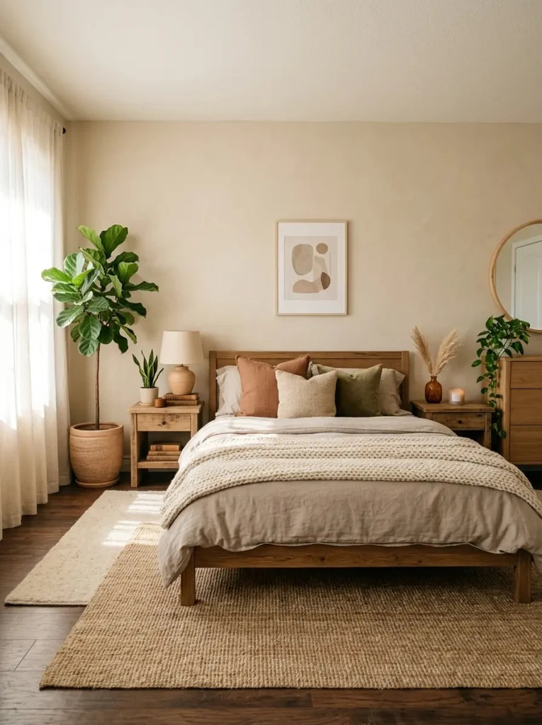Beautiful earthy bedroom retreat with organic textures, wooden furniture, and indoor plants
