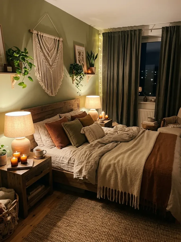 Earthy bedroom with soft ambient lighting, bedside lamps, and cozy candle glow